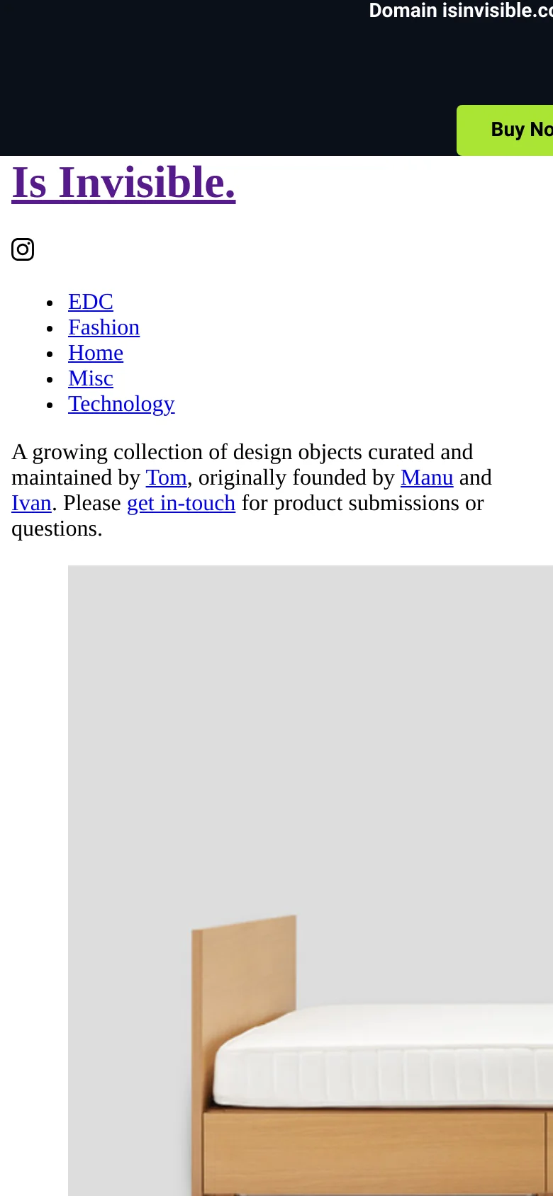 The mobile version maintains the minimalist white and grey aesthetic but uses a single-column layout. The navigation links and introductory text are stacked vertically, and the large hero image of the oak storage bed is scaled to fit the narrower screen width.