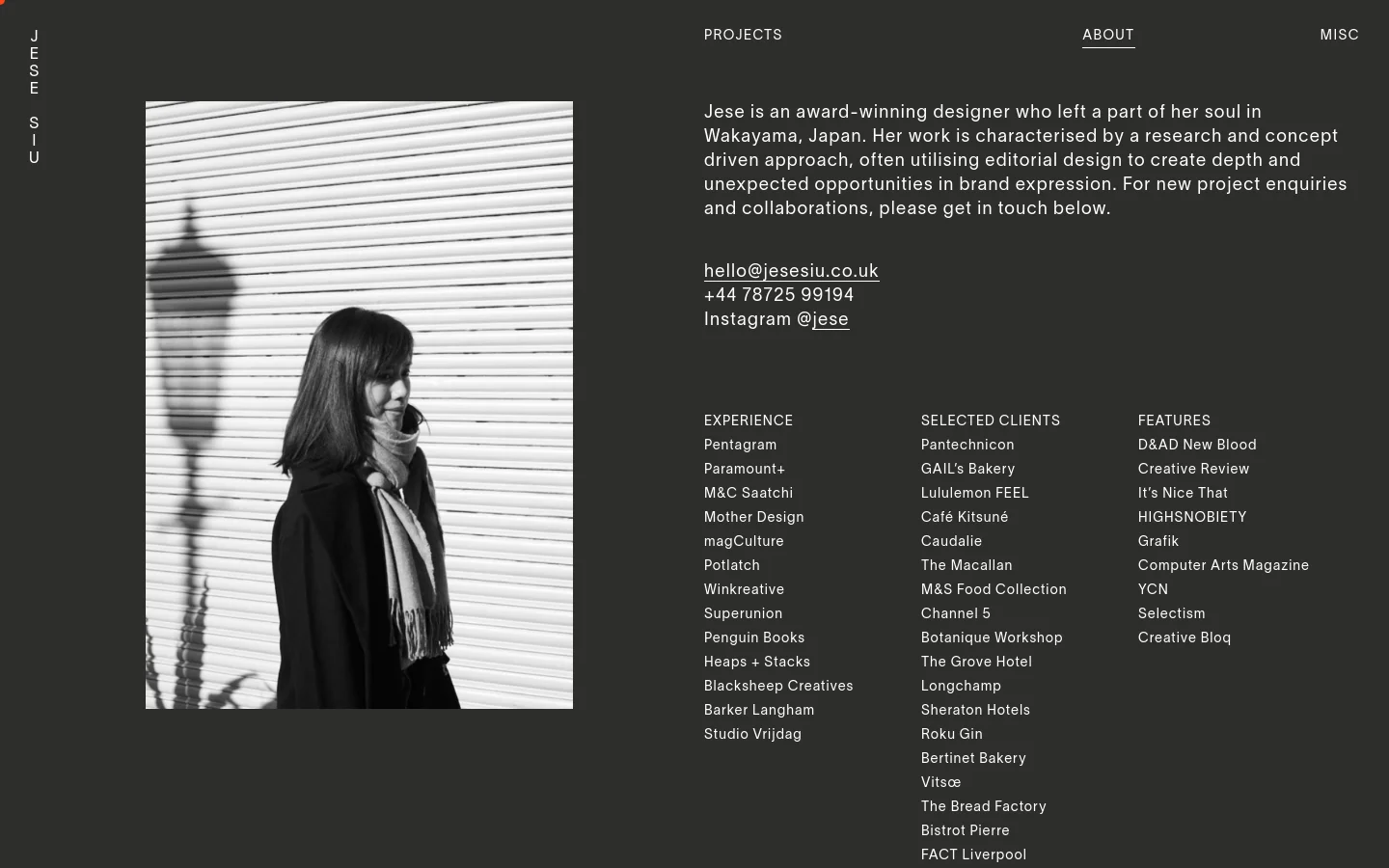 The desktop About page features a dark minimalist layout with a large black and white portrait of a woman on the left. To the right, white text provides a professional bio, contact details, and three columns listing Experience, Selected Clients, and Features.