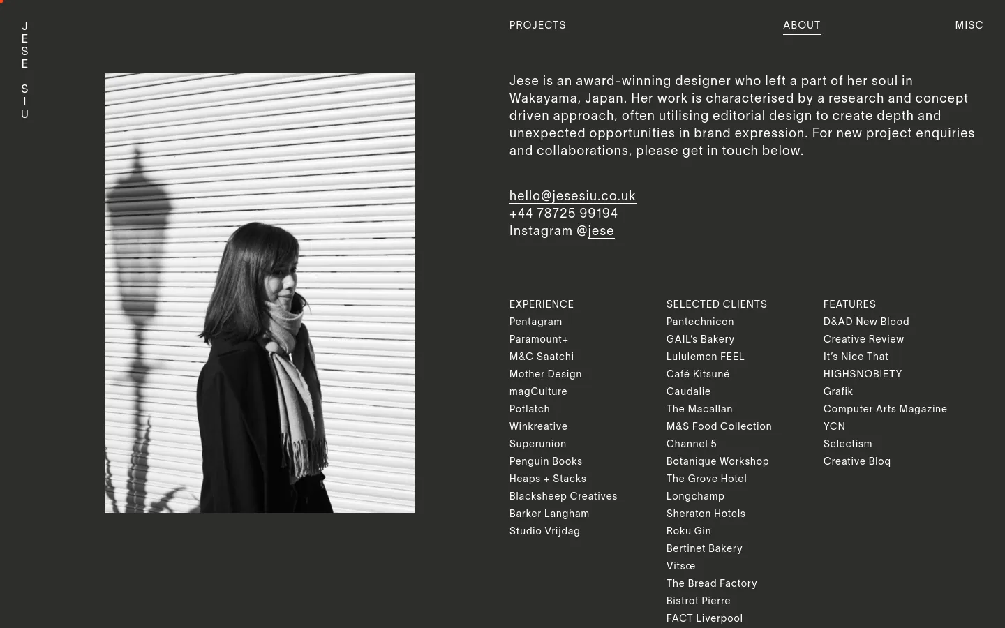 The desktop About page features a dark minimalist layout with a large black and white portrait of a woman on the left. To the right, white text provides a professional bio, contact details, and three columns listing Experience, Selected Clients, and Features.