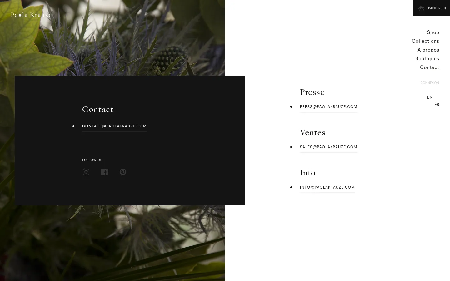 The desktop contact page features a large, dark translucent overlay on the left side against a background of lush green and purple foliage. The overlay contains the title 'Contact', a primary email address, and social media icons, while the right side of the page displays contact categories 'Presse', 'Ventes', and 'Info' with their respective email addresses in a clean, minimalist layout.