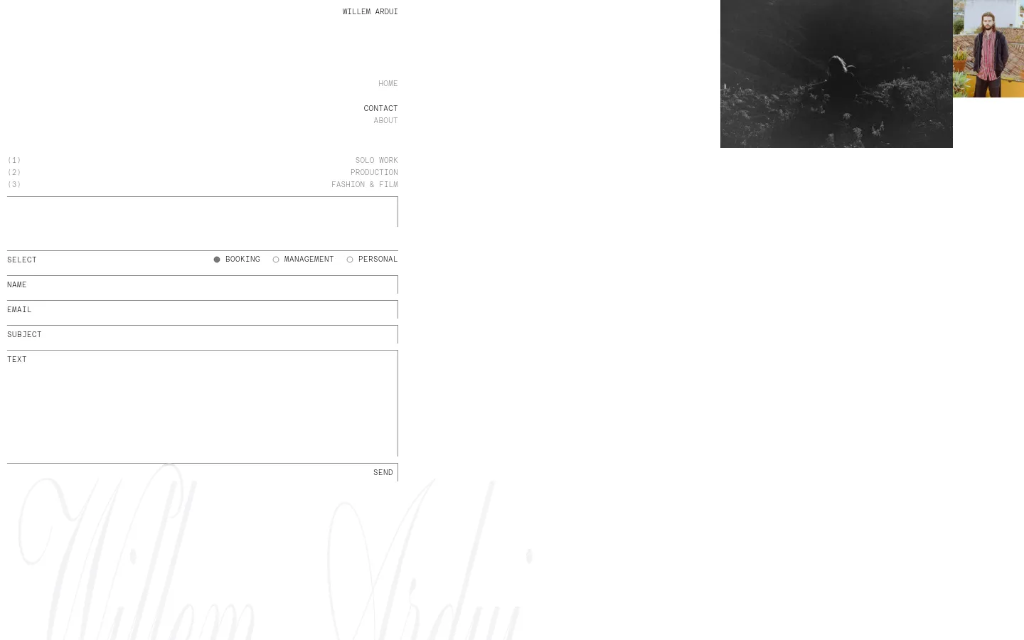 The desktop contact page features a minimalist white layout with a large, atmospheric black and white landscape image in the top right. Navigation links like Home, Contact, and About are positioned on the left, while a contact form with fields for subject, name, email, and text is centered. Radio buttons allow users to select between Booking, Management, or Personal inquiries.