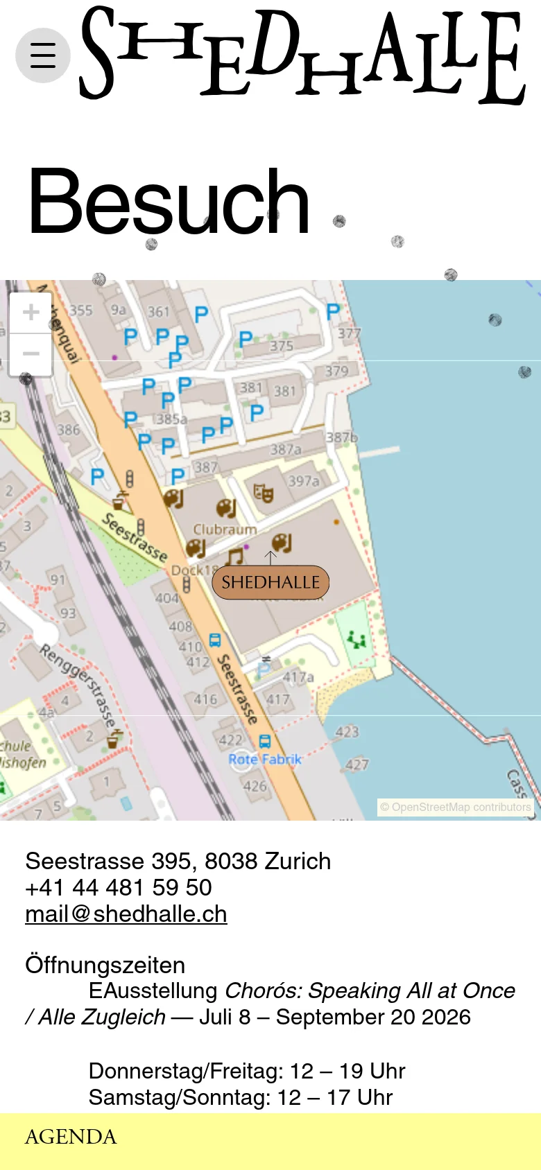 The mobile version uses a simplified vertical layout with a hamburger menu icon and a large stylized 'SHEDHALLE' logo at the top. The heading 'Besuch' is prominent above an interactive map that spans the width of the screen. Contact information and opening hours follow below the map, with the agenda section appearing at the very bottom on a yellow background.