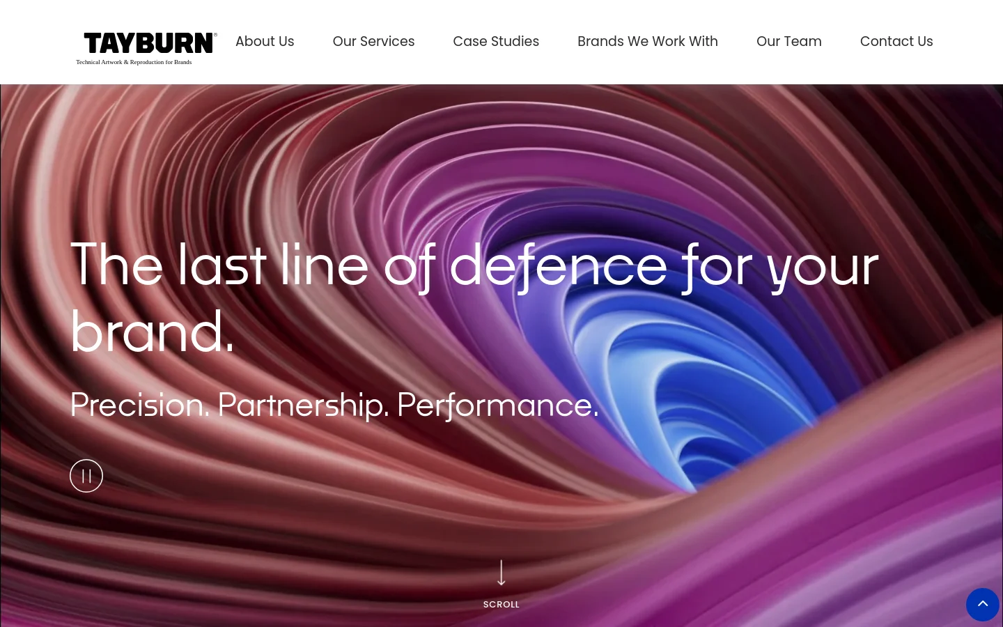 The Tayburn homepage features a white navigation bar with the company logo and links for About Us, Our Services, Case Studies, Brands We Work With, Our Team, and Contact Us. Below, a large hero section displays a swirling, abstract background of pink, purple, and blue waves with the headline 'The last line of defence for your brand' and the subheadline 'Precision. Partnership. Performance.'