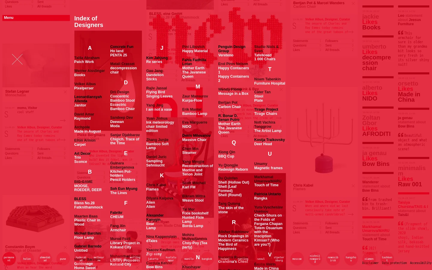 A grid-based directory of designers on a vibrant red background. Each entry features a large white letter, the designer's name, a project title, and brief engagement statistics like statements and likes. The layout is organized into columns of text-heavy blocks without prominent imagery.