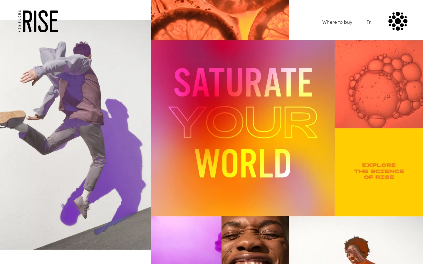 The desktop homepage features a vibrant, collage-style layout with bold typography and high-energy imagery. A large hero section shows a person jumping against a white background with a purple shadow, adjacent to a bright orange and pink gradient block with the headline 'SATURATE YOUR WORLD'. The navigation includes the Rise Kombucha logo, a 'Where to buy' link, and a language selector.