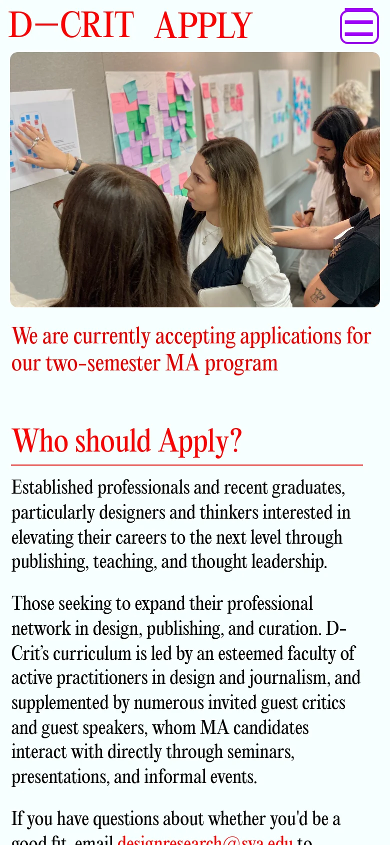 The mobile version presents a vertically stacked layout with the 'D-Crit Apply' title and a hamburger menu icon at the top. The hero image of students working with sticky notes spans the width of the screen, followed by large red and black text sections. The content is centered and optimized for vertical scrolling on a smaller screen.