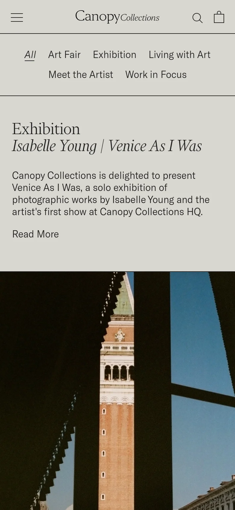 The mobile version presents a simplified vertical layout with a hamburger menu and a search icon at the top. The headline and introductory text about Isabelle Young's exhibition are stacked above a large, full-width photograph of a Venetian tower. The category filter links are arranged in multiple rows to fit the narrow screen width.