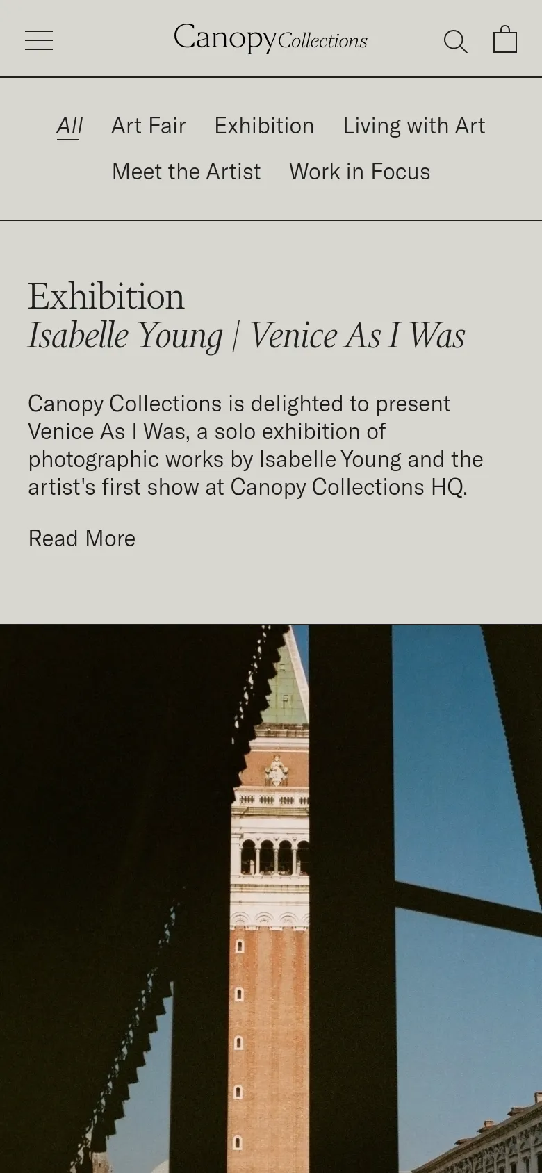 The mobile version presents a simplified vertical layout with a hamburger menu and a search icon at the top. The headline and introductory text about Isabelle Young's exhibition are stacked above a large, full-width photograph of a Venetian tower. The category filter links are arranged in multiple rows to fit the narrow screen width.