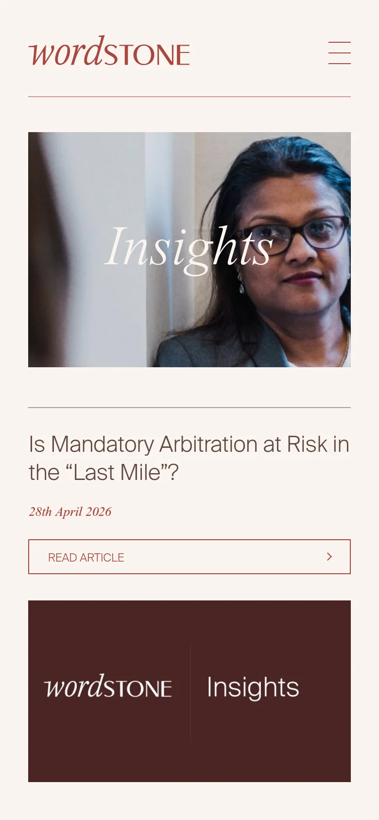 The mobile version uses a simplified layout with a hamburger menu icon in the top right and the Wordstone logo centered. The hero section displays the same 'Insights' image and headline, but the content is stacked vertically to fit the narrow screen, maintaining a clean, single-column aesthetic.
