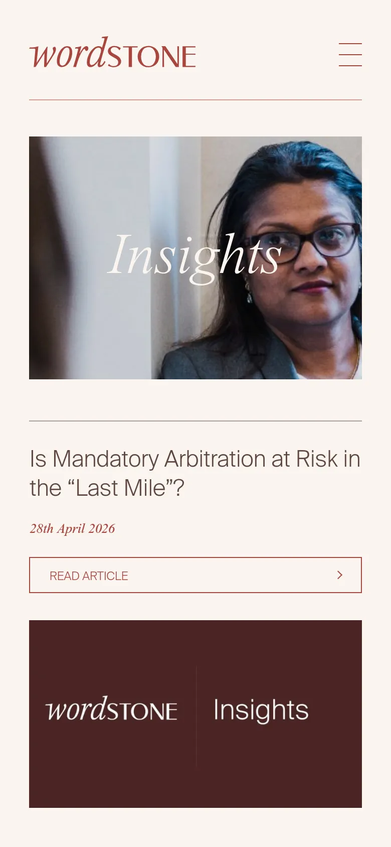 The mobile version uses a simplified layout with a hamburger menu icon in the top right and the Wordstone logo centered. The hero section displays the same 'Insights' image and headline, but the content is stacked vertically to fit the narrow screen, maintaining a clean, single-column aesthetic.