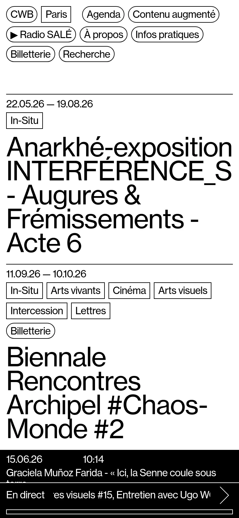 The mobile version maintains the minimalist black-and-white aesthetic but uses a stacked layout to accommodate the narrow screen. Navigation buttons are arranged in multiple rows, and the large event headlines dominate the vertical scroll, ensuring readability on small devices.