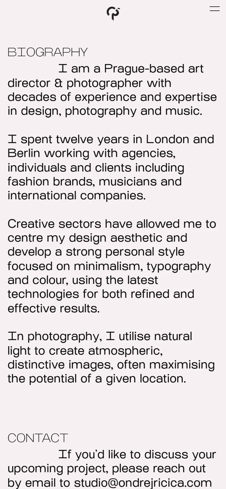 The mobile version maintains the minimalist light grey aesthetic but uses a condensed layout. A small logo icon is centered at the top with a hamburger menu icon on the right, followed by the 'BIOGRAPHY' section and 'CONTACT' heading with text flowing vertically for easier scrolling.