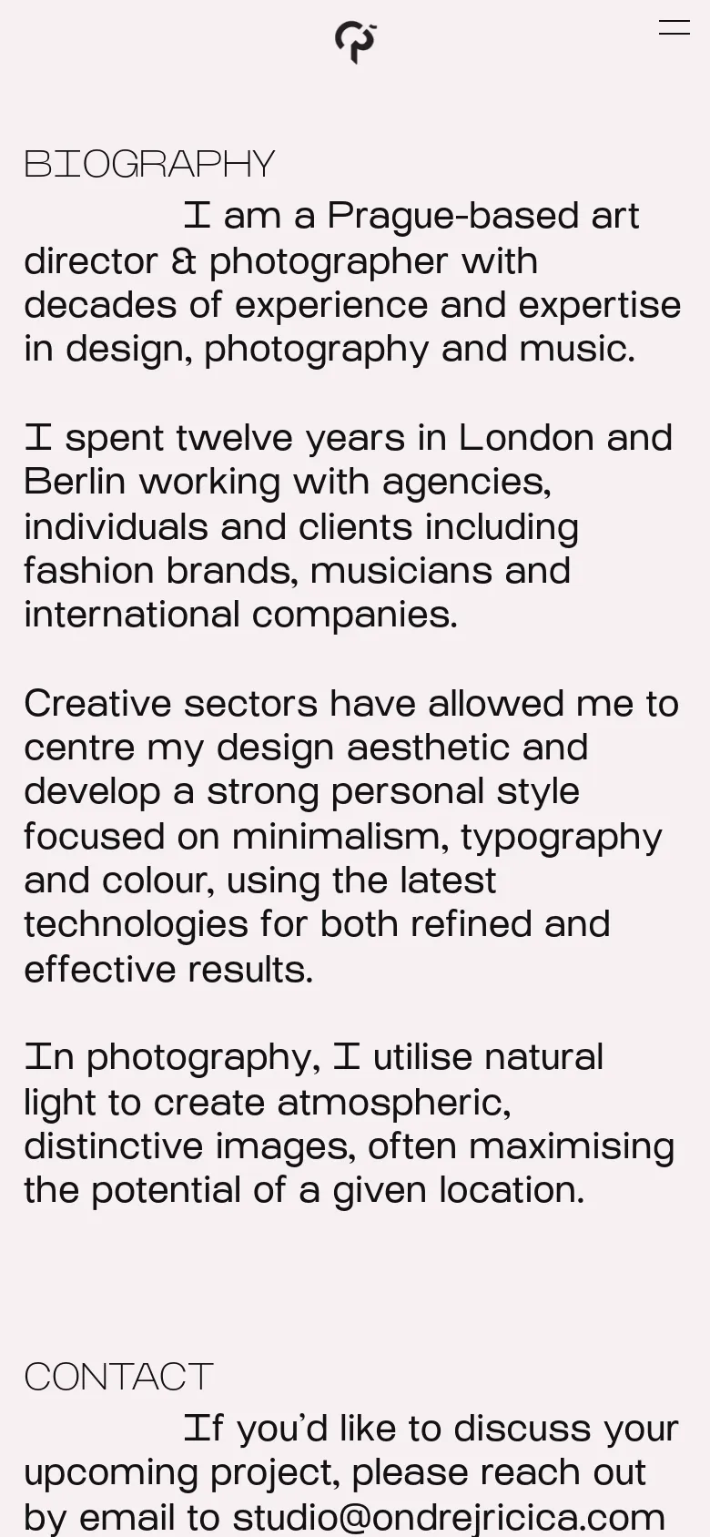 The mobile version maintains the minimalist light grey aesthetic but uses a condensed layout. A small logo icon is centered at the top with a hamburger menu icon on the right, followed by the 'BIOGRAPHY' section and 'CONTACT' heading with text flowing vertically for easier scrolling.