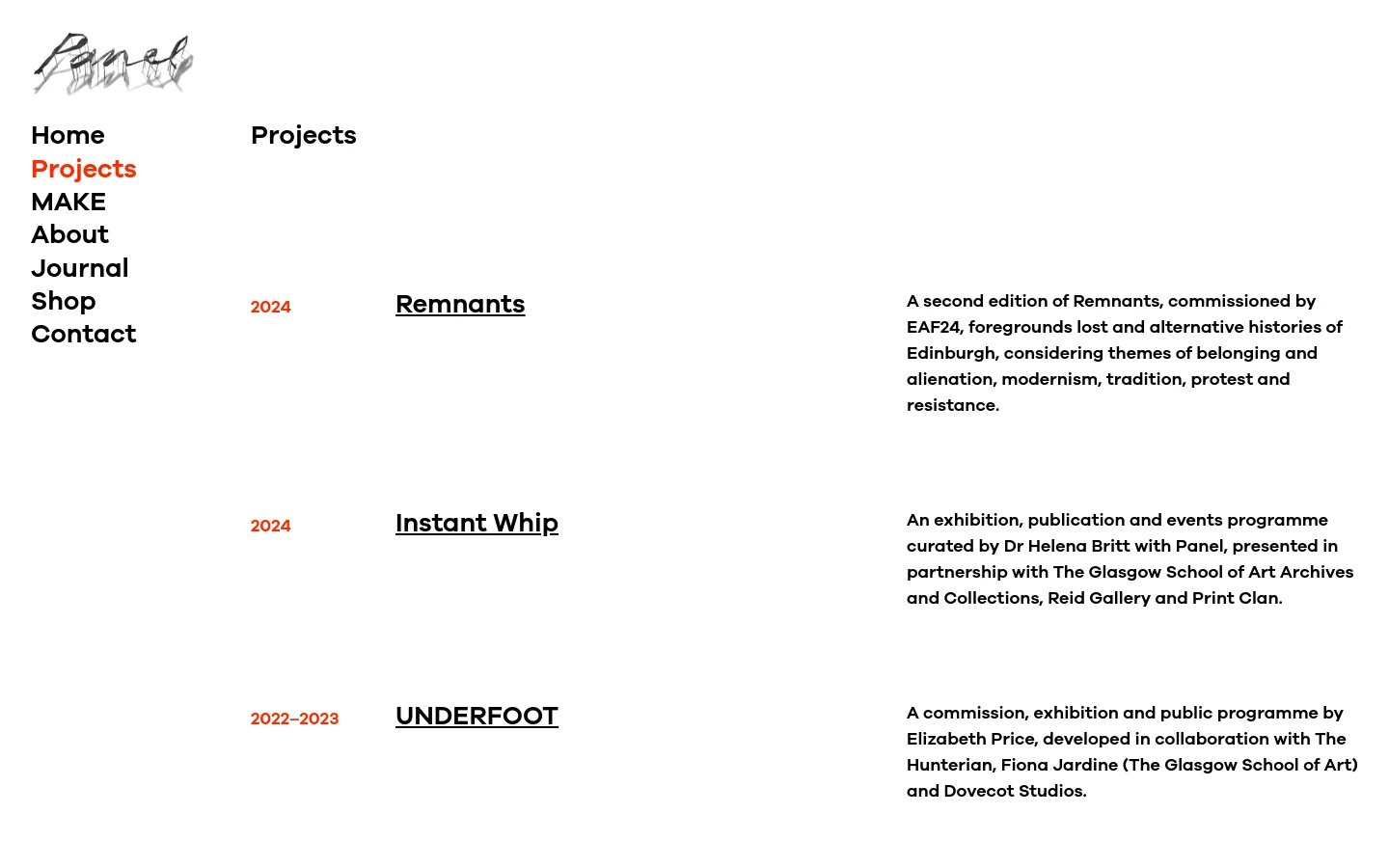 The Projects page features a minimalist white layout with a black logo at the top left and a side navigation menu. Projects are listed chronologically with red years, bold black titles, and descriptive text arranged in a three-column grid layout.