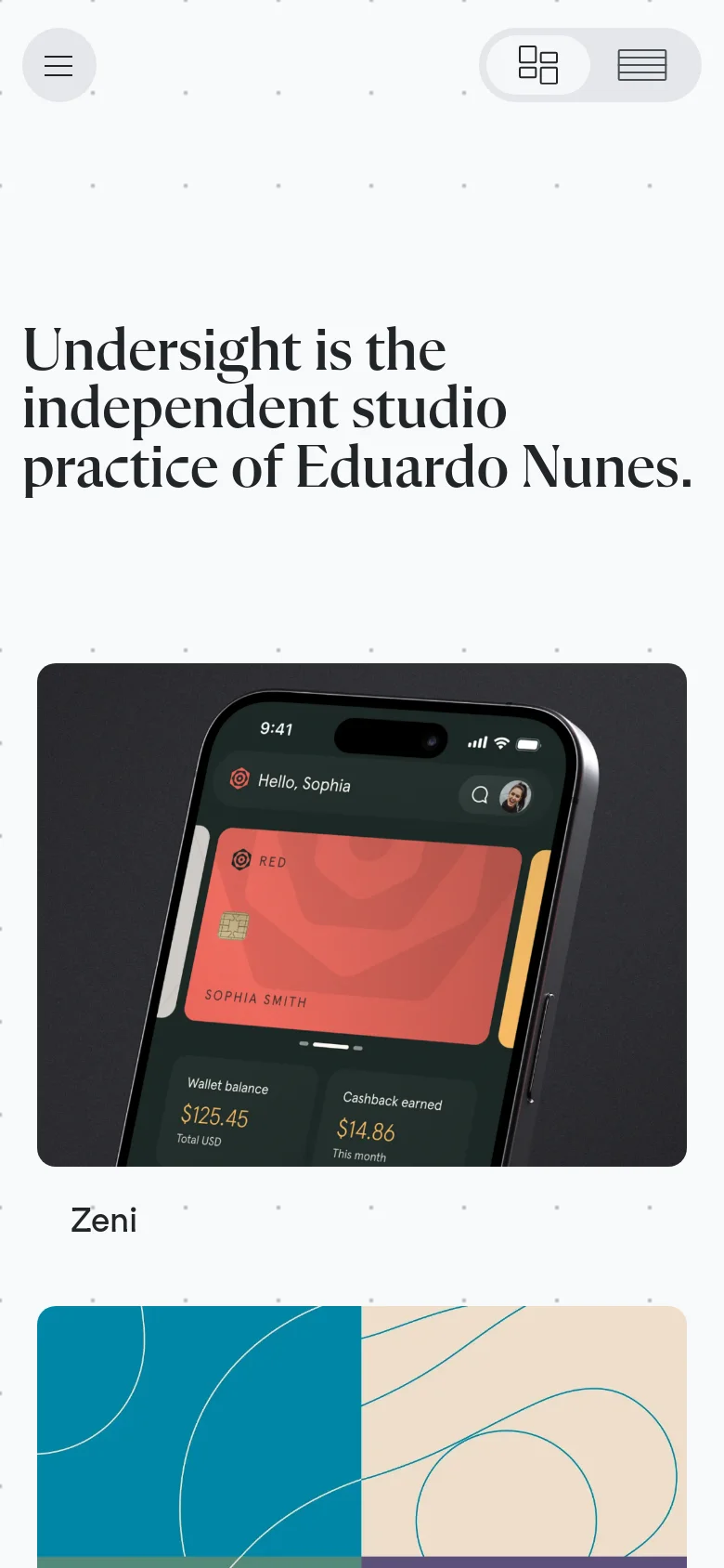 The mobile version maintains the minimalist aesthetic but rearranges the content into a single-column vertical scroll. The large serif headline appears at the top, followed by project thumbnails and images stacked vertically. Navigation is simplified through a hamburger menu and a condensed header.