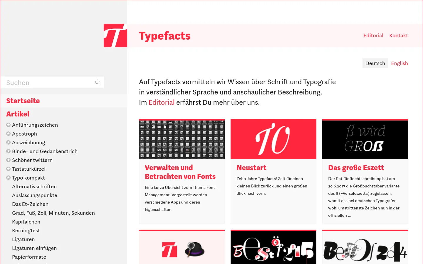 The Typefacts homepage features a clean white background with red accents. A left-hand sidebar contains a search bar and a vertical list of article categories, while the main content area displays a welcome message and a grid of blog posts, each consisting of a square image, a red headline, and a short text summary.