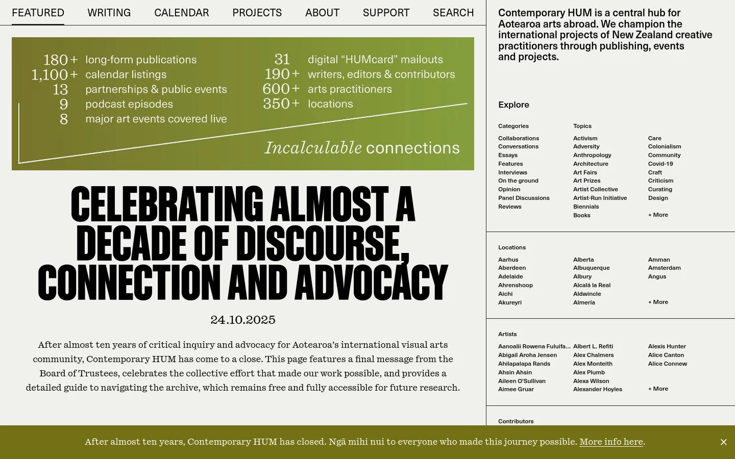 The desktop homepage features a minimalist design with a white background and black text. A large, bold headline reads 'CELEBRATING ALMOST A DECADE OF DISCOURSE, CONNECTION AND ADVOCACY' above a green statistics banner displaying various project achievements. A navigation menu at the top includes links for Featured, Writing, Calendar, Projects, About, Support, and Search.