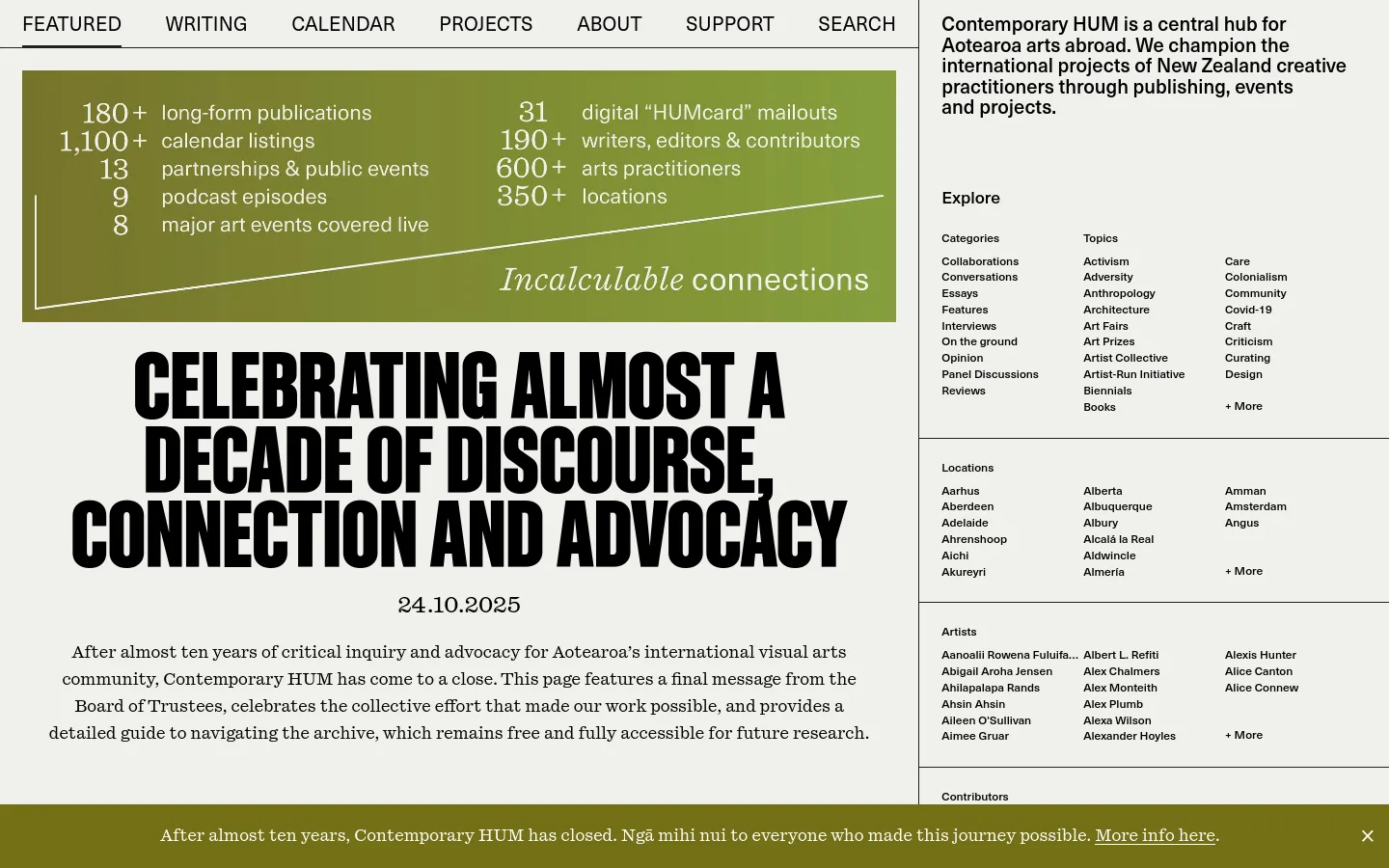 The desktop homepage features a minimalist design with a white background and black text. A large, bold headline reads 'CELEBRATING ALMOST A DECADE OF DISCOURSE, CONNECTION AND ADVOCACY' above a green statistics banner displaying various project achievements. A navigation menu at the top includes links for Featured, Writing, Calendar, Projects, About, Support, and Search.