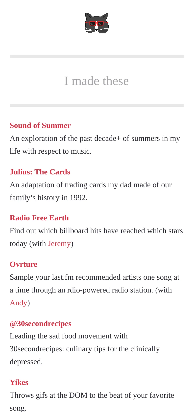 The mobile version maintains the same minimalist layout and white background as the desktop version. The content is a single-column vertical list of red project links and black descriptions, optimized for a narrower screen width.