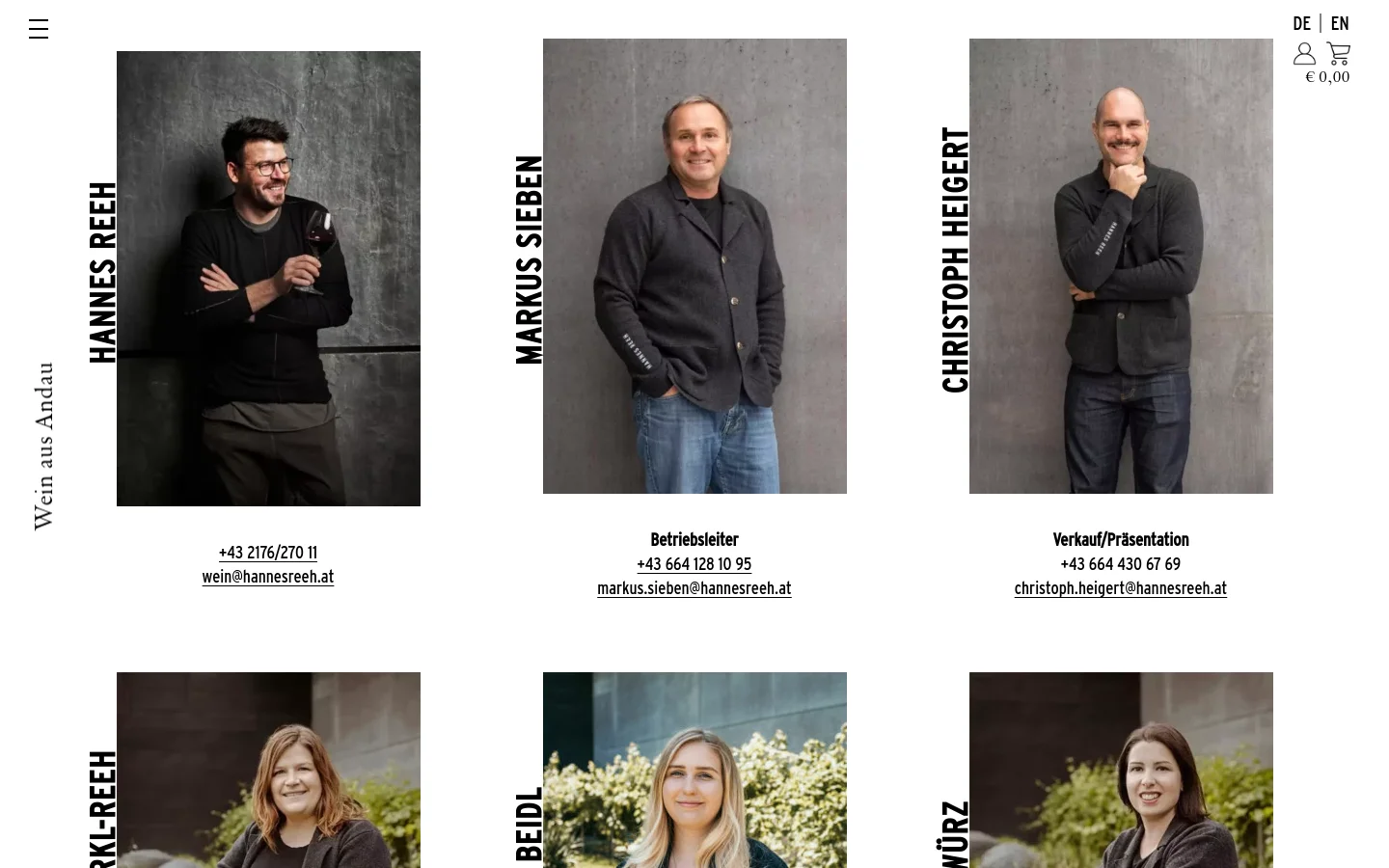 The Team page features a clean, minimalist layout with a white background and dark text. A grid of portrait photographs displays team members, each accompanied by their name, role, phone number, and email address. The desktop view shows three portraits in a single row, with vertical text on the left side of the images.