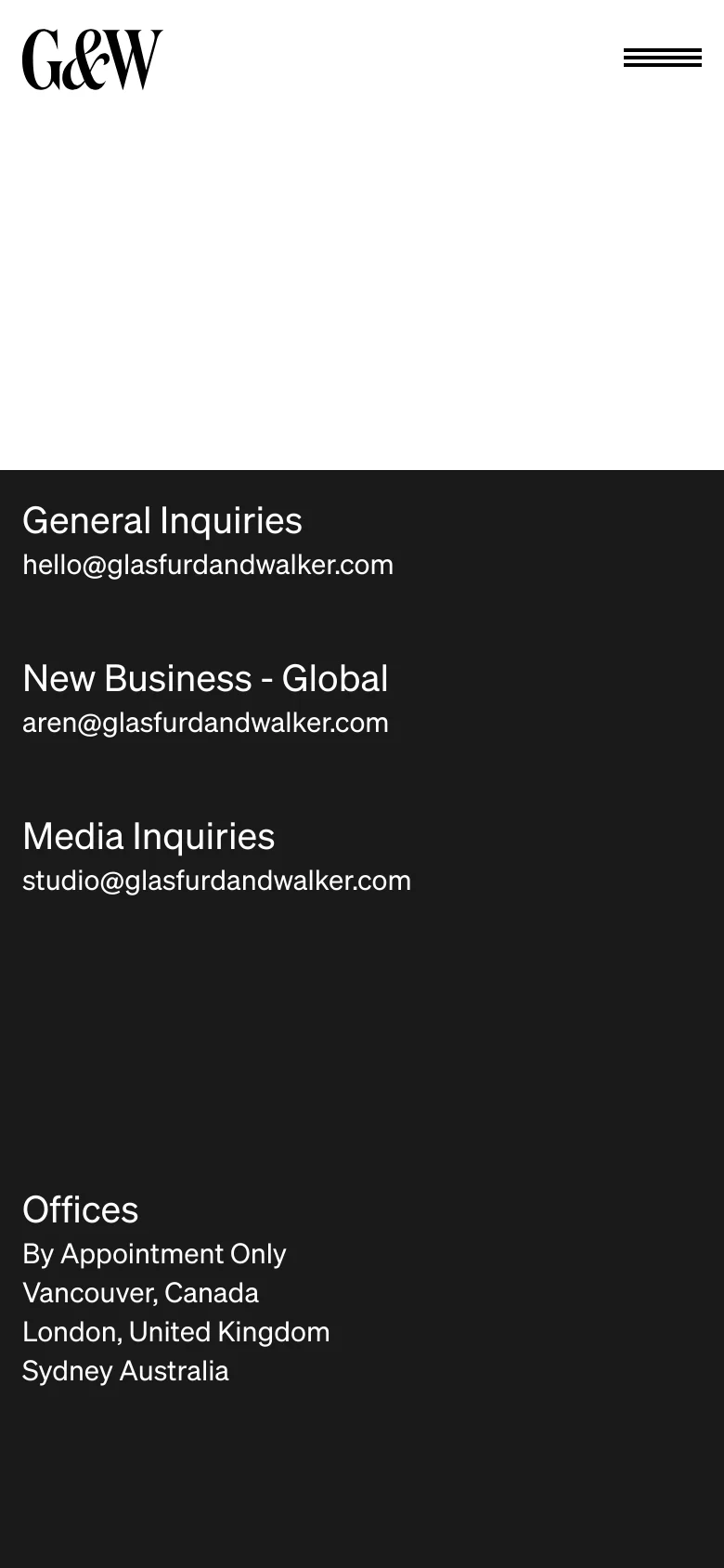 The mobile version uses a single-column vertical layout with a white header containing the 'G&W' logo and a hamburger menu icon. The contact information, including email addresses for inquiries and office locations, is stacked vertically against a dark background.