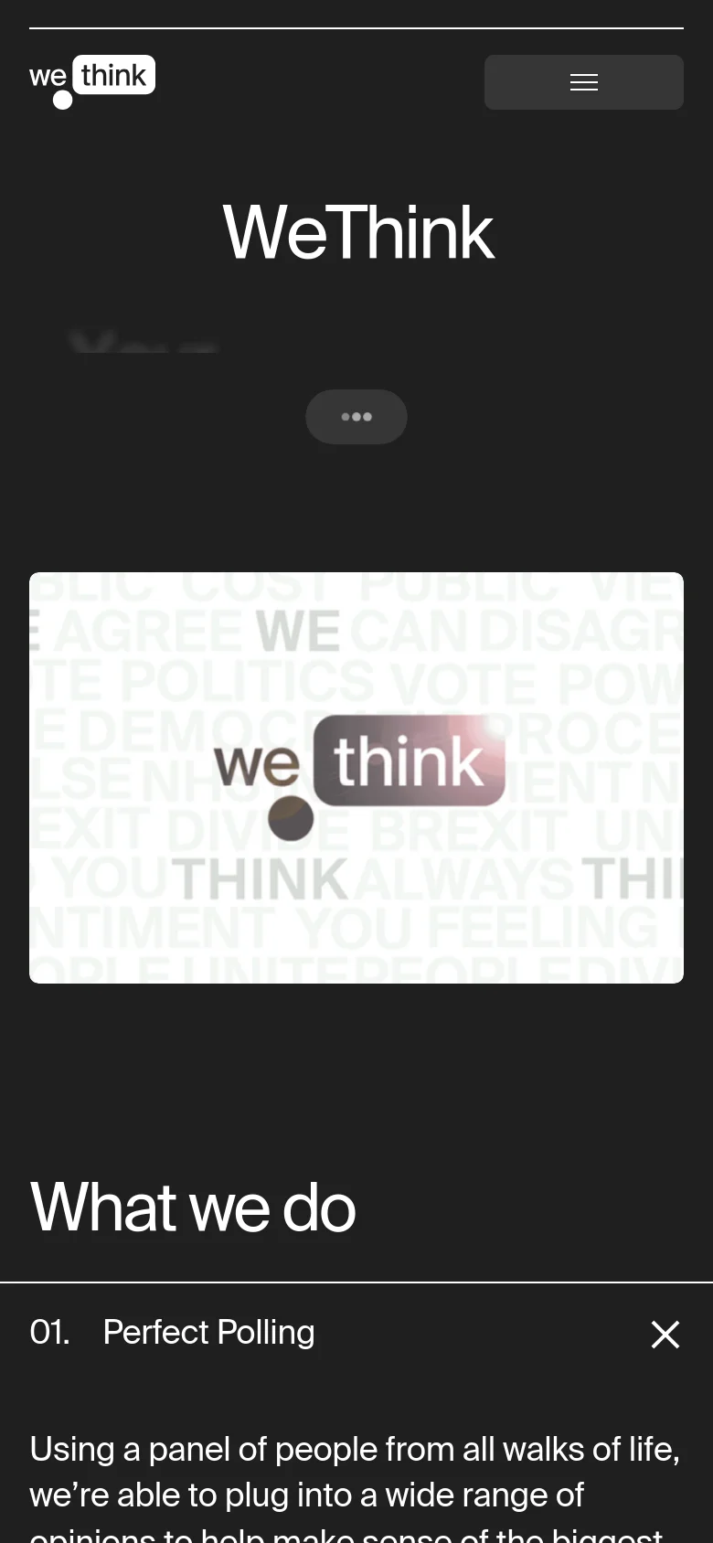 The mobile version presents a vertically stacked layout optimized for small screens, starting with the 'WeThink' branding and hero text. The service descriptions follow in a single column, and the navigation menu is condensed into a hamburger icon at the top right. The color scheme remains high-contrast black and white, ensuring readability on a mobile device.