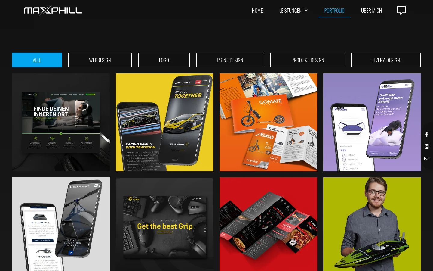 The portfolio page features a dark background with a navigation menu at the top and a category filter bar containing buttons for Alle, Webdesign, Logo, Print-Design, Produkt-Design, and Livery-Design. Below the filter, a grid of large project tiles displays various design works, including web design mockups, print materials, and product photography. Each tile includes a high-quality image representing the project.