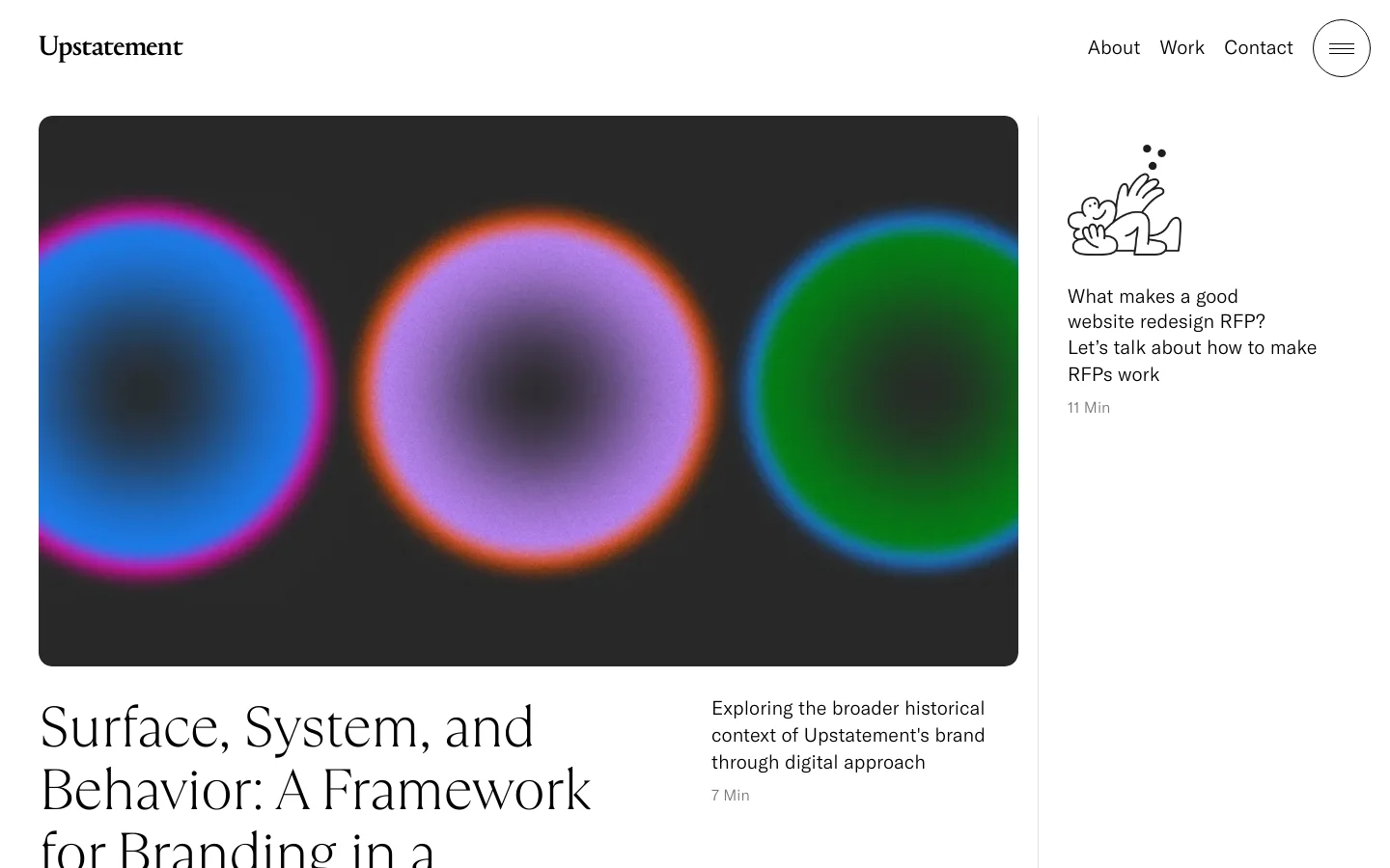 The Upstatement blog page features a minimalist white layout with a large hero section containing a dark image of three glowing, blurred colorful orbs. Below the image, a large serif headline reads 'Surface, System, and Behavior: A Framework for Branding in a Digital-First World' next to a brief description and reading time. A secondary article section below includes a line-art illustration and a headline about website redesign RFPs.