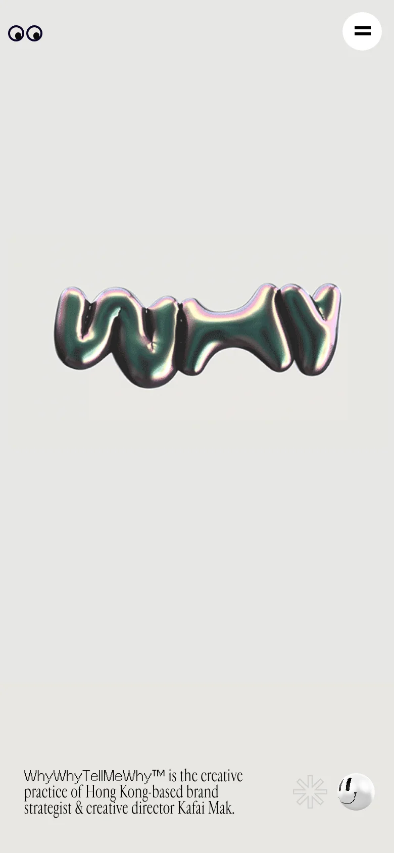 The mobile version maintains the minimalist light gray aesthetic but scales the central 3D graphic to fit the narrow viewport. The navigation is condensed into a hamburger menu icon at the top right, while the introductory text remains at the bottom.