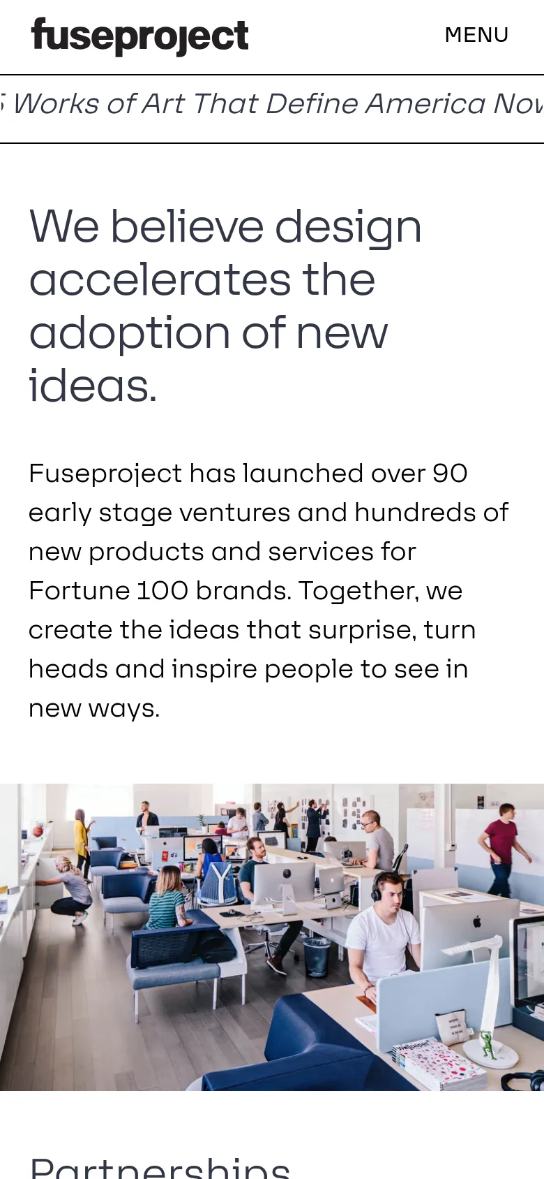 The mobile version maintains the minimalist aesthetic but uses a vertical stack for content. The headline and introductory text appear first, followed by the wide office photograph which is scaled to fit the narrow screen width. The top navigation is condensed, replacing the horizontal button menu with a simple 'MENU' text link next to the logo.