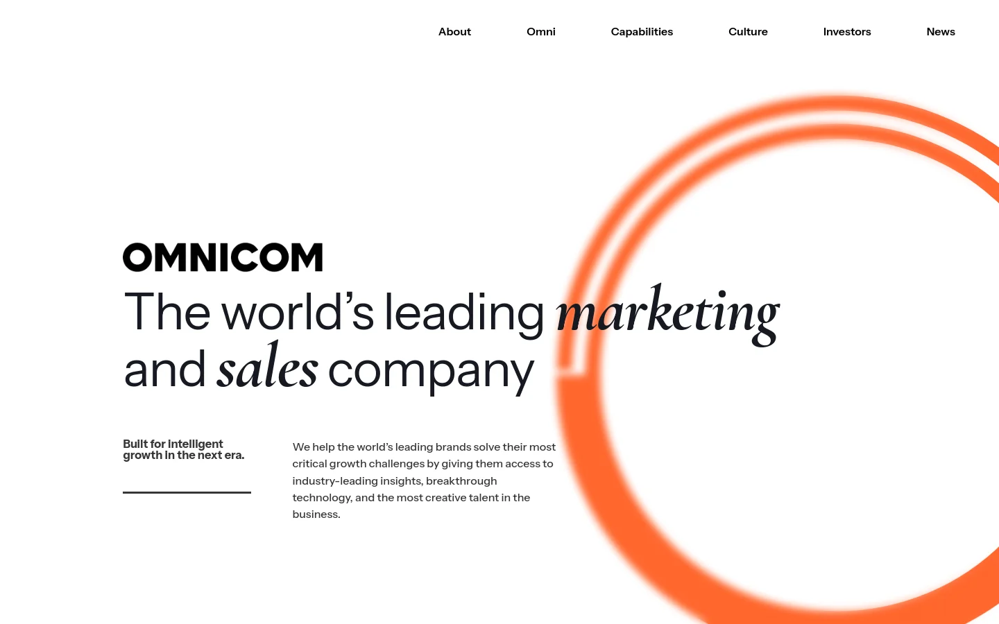 The Omnicom homepage features a minimalist white background with a large, bold headline reading 'The world's leading marketing and sales company.' A prominent, thick orange circular graphic curves across the right side of the screen, and a navigation menu sits at the top right with links for About, Omni, Capabilities, Culture, Investors, and News.
