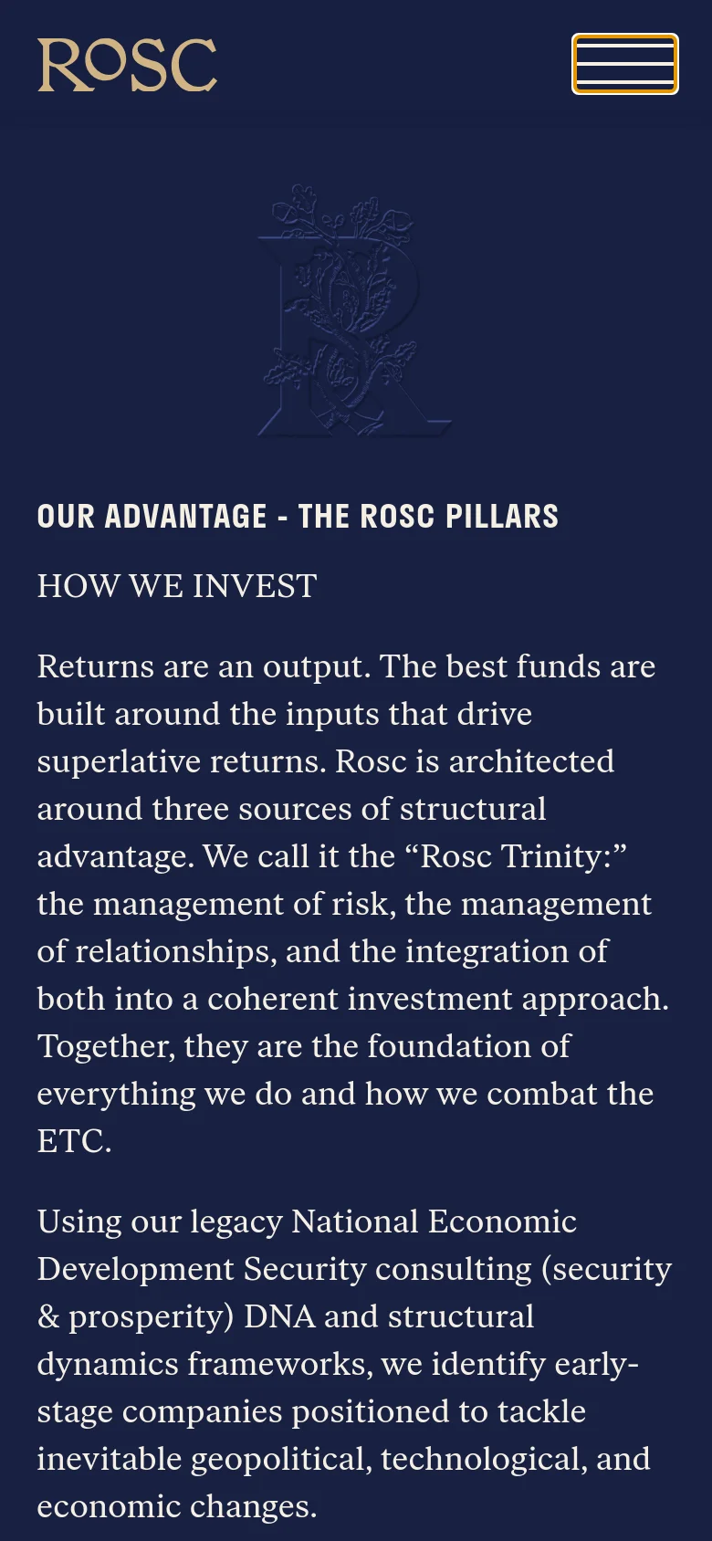 The mobile version uses a single-column layout on a dark navy background. The 'ROSC' logo is positioned at the top left with a gold hamburger menu icon on the top right. The content is stacked vertically, starting with a large decorative 'R' emblem followed by the 'OUR ADVANTAGE' headline and investment text.