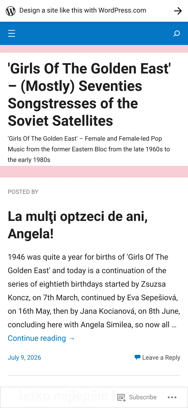 Mobile view of the author page, showing a condensed layout. The teal header is replaced by a blue navigation bar with a hamburger menu and search icon, followed by the blog title in large black text on a white background. The content area below shows a single blog post excerpt with a large black headline on a light pink background.