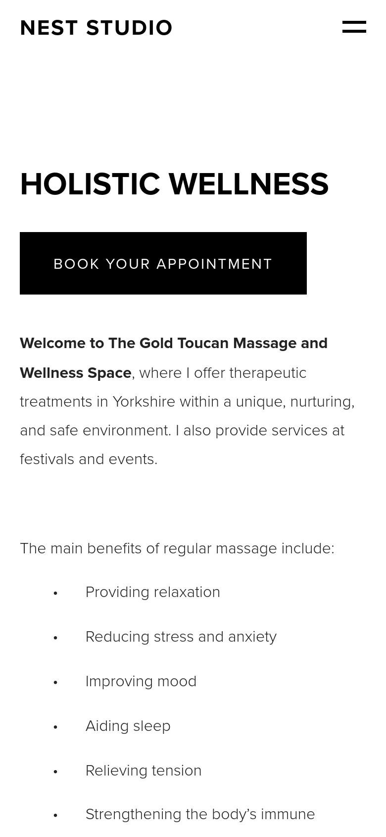 The mobile version maintains the minimalist black-on-white aesthetic but uses a simplified layout. The navigation menu is replaced by a two-line hamburger icon in the top right, and the 'HOLISTIC WELLNESS' headline and 'BOOK YOUR APPOINTMENT' button are centered and stacked vertically for easier scrolling.