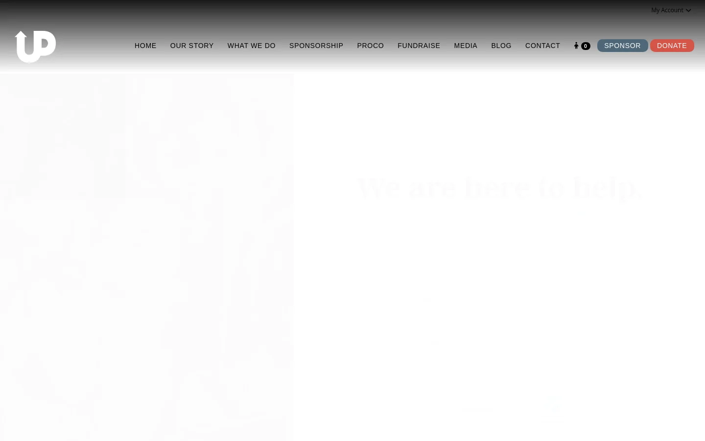 The desktop Contact page features a clean white header with a logo on the left and a navigation menu including links like Home, Our Story, and Contact. A large hero section displays a black and white photograph of smiling children, overlaid with the headline 'We are here to help.' and a contact form below.