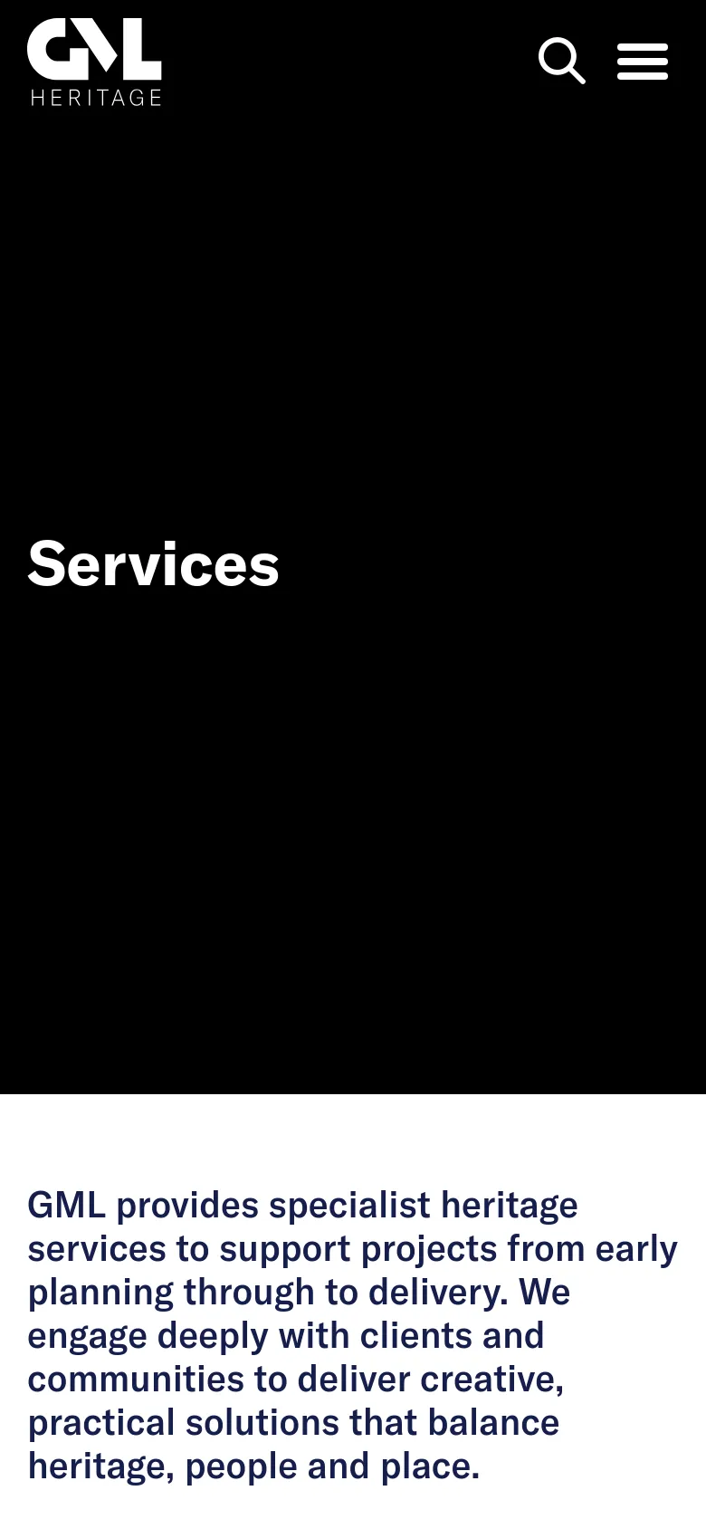 The mobile version simplifies the layout, showing the 'Services' headline over a dark background instead of the large hero image. The navigation is condensed into a hamburger menu and search icon at the top right. The service descriptions and introductory text are stacked vertically for easier scrolling on a narrow screen.