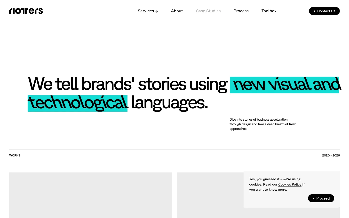 The desktop Case Studies page features a minimalist white background with large, bold black typography. A hero headline uses bright cyan highlights behind the words 'new visual and technological'. Below, a grid layout displays various project works, each consisting of a large image thumbnail followed by the project name and a list of services provided.