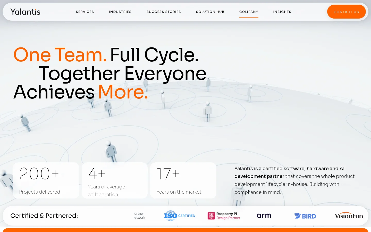 The desktop page features a clean, white background with a large hero headline reading 'One Team. Full Cycle. Together Everyone Achieves More.' in black and orange text, overlaid on a subtle graphic of interconnected nodes and human silhouettes. Below the headline, three white cards display company statistics: '200+ Projects delivered', '4+ Years of average collaboration', and '17+ Years on the market'. A navigation bar at the top includes links for Services, Industries, Success Stories, Solution Hub, Company, and Insights, with a prominent orange 'Contact Us' button.