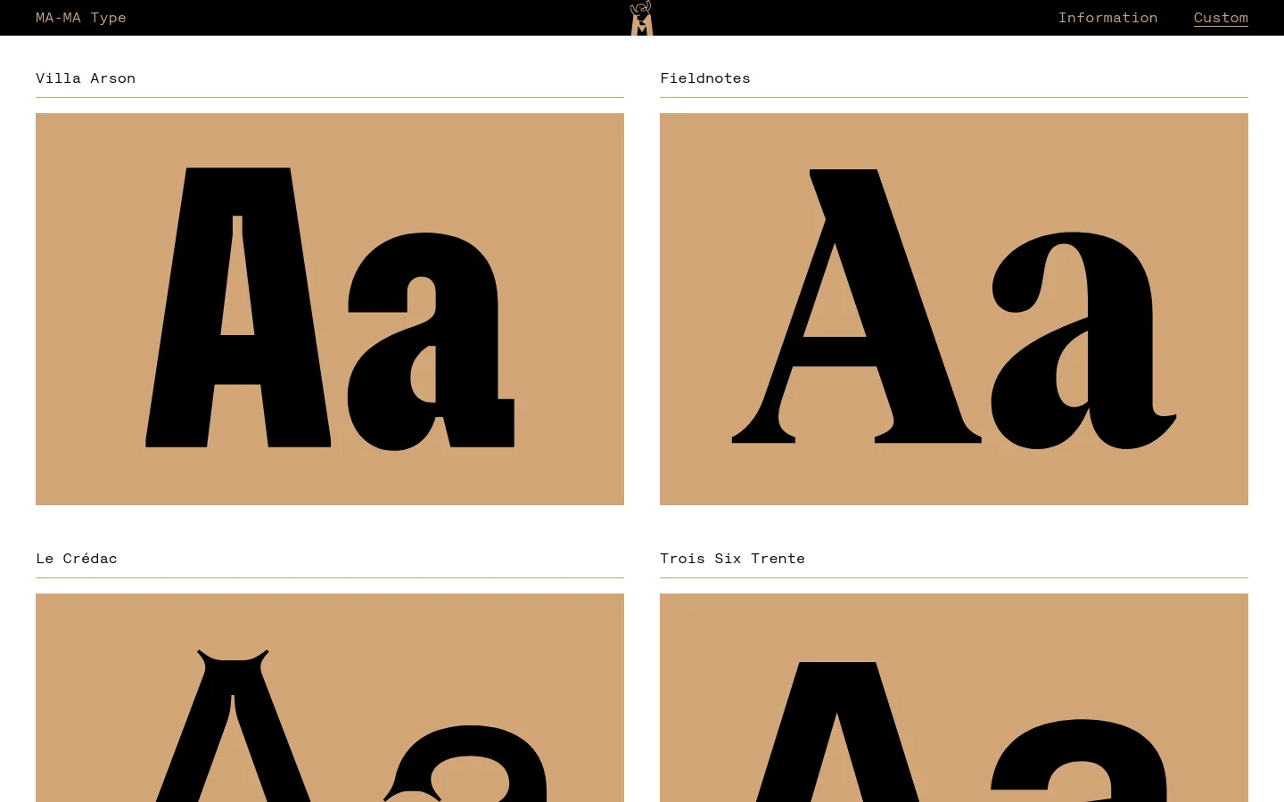 The desktop page for MA-MA Type's custom projects features a minimalist black header with navigation links and a central logo. Below, a two-column grid displays large, bold black typography specimens on tan rectangular backgrounds, each labeled with project names like Villa Arson and Fieldnotes.