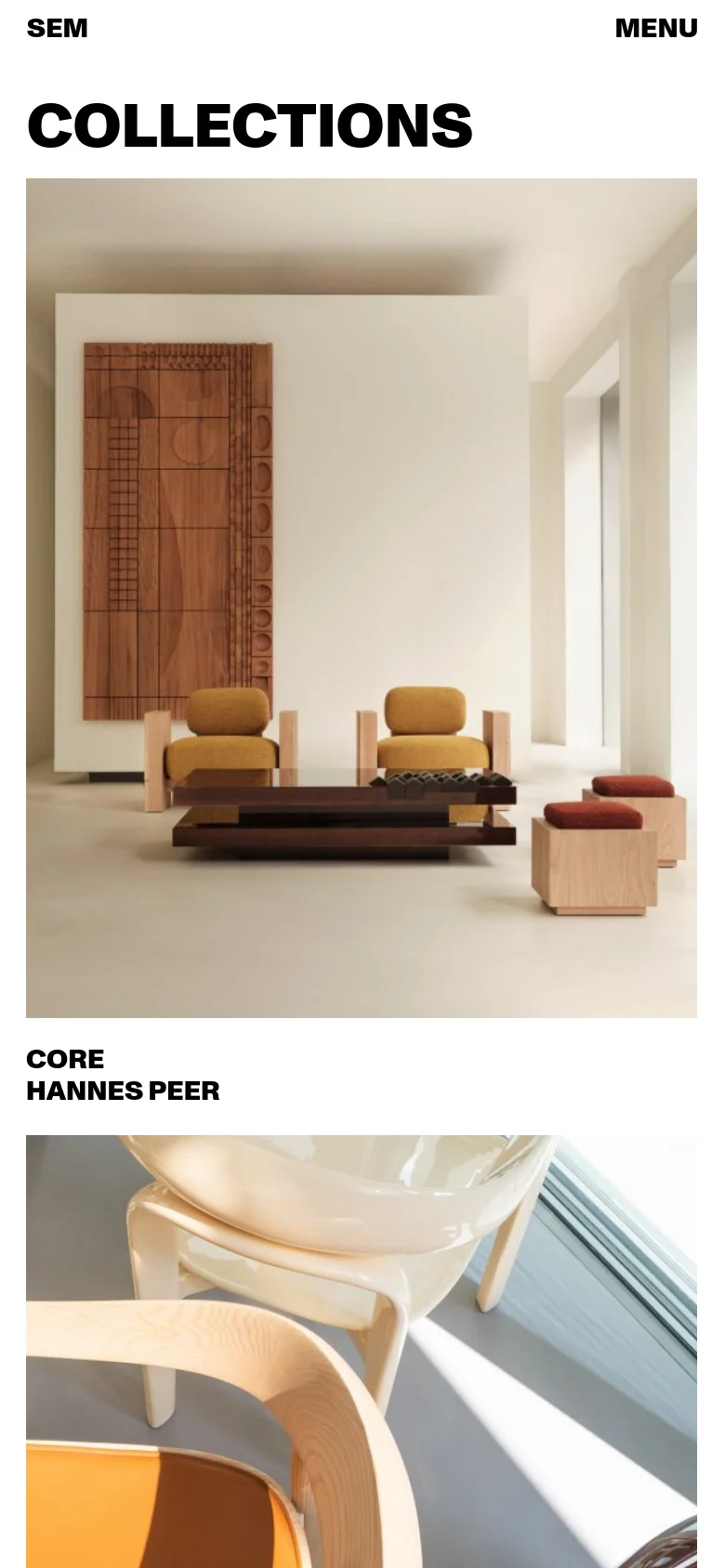 The mobile version displays the 'COLLECTIONS' heading in a large, bold font at the top, followed by a simplified menu button. The layout shifts to a single-column vertical stack of large images, where each image is followed by its respective collection name and designer in bold black text.