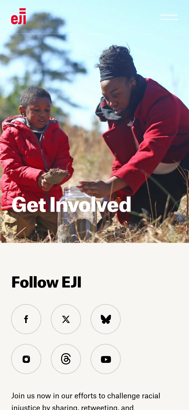 The mobile version maintains the large hero image of the woman and child with the 'Get Involved' headline, but the navigation menu is condensed into a hamburger icon. The content below shifts to a single-column vertical stack, displaying social media icons in a circular grid followed by text and action sections.