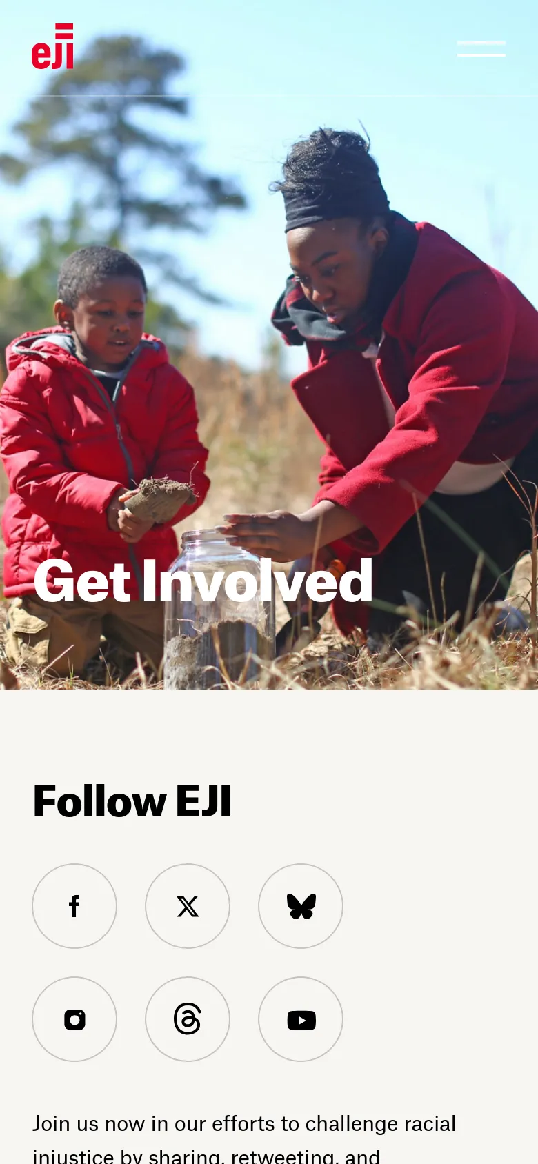 The mobile version maintains the large hero image of the woman and child with the 'Get Involved' headline, but the navigation menu is condensed into a hamburger icon. The content below shifts to a single-column vertical stack, displaying social media icons in a circular grid followed by text and action sections.