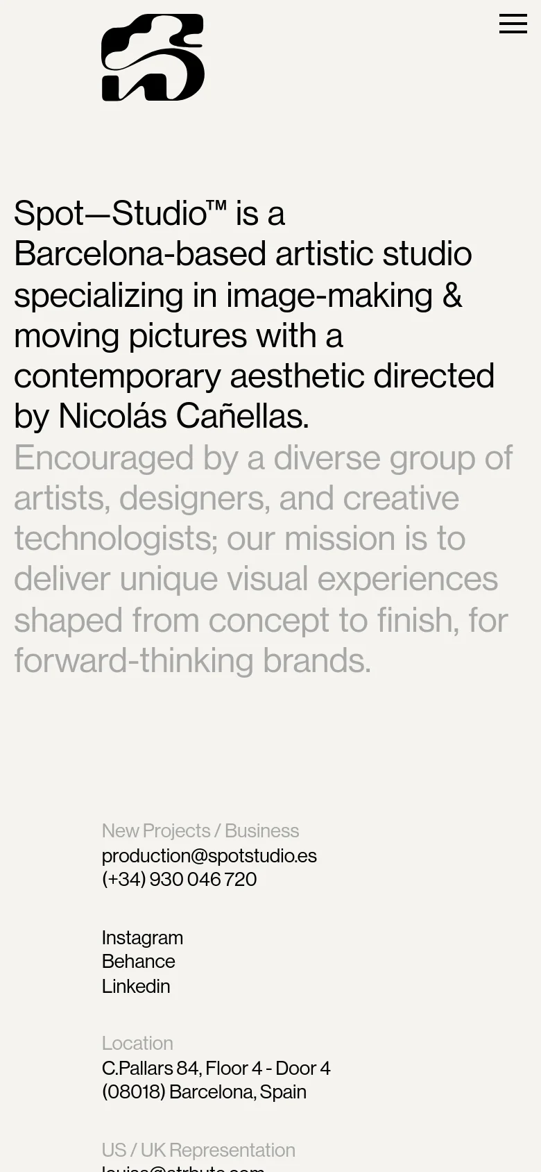 The mobile version maintains the minimalist aesthetic with a light gray background and black text. The layout is simplified into a single vertical column, stacking the large studio introduction, mission statement, and contact details for easier scrolling on a narrow screen.