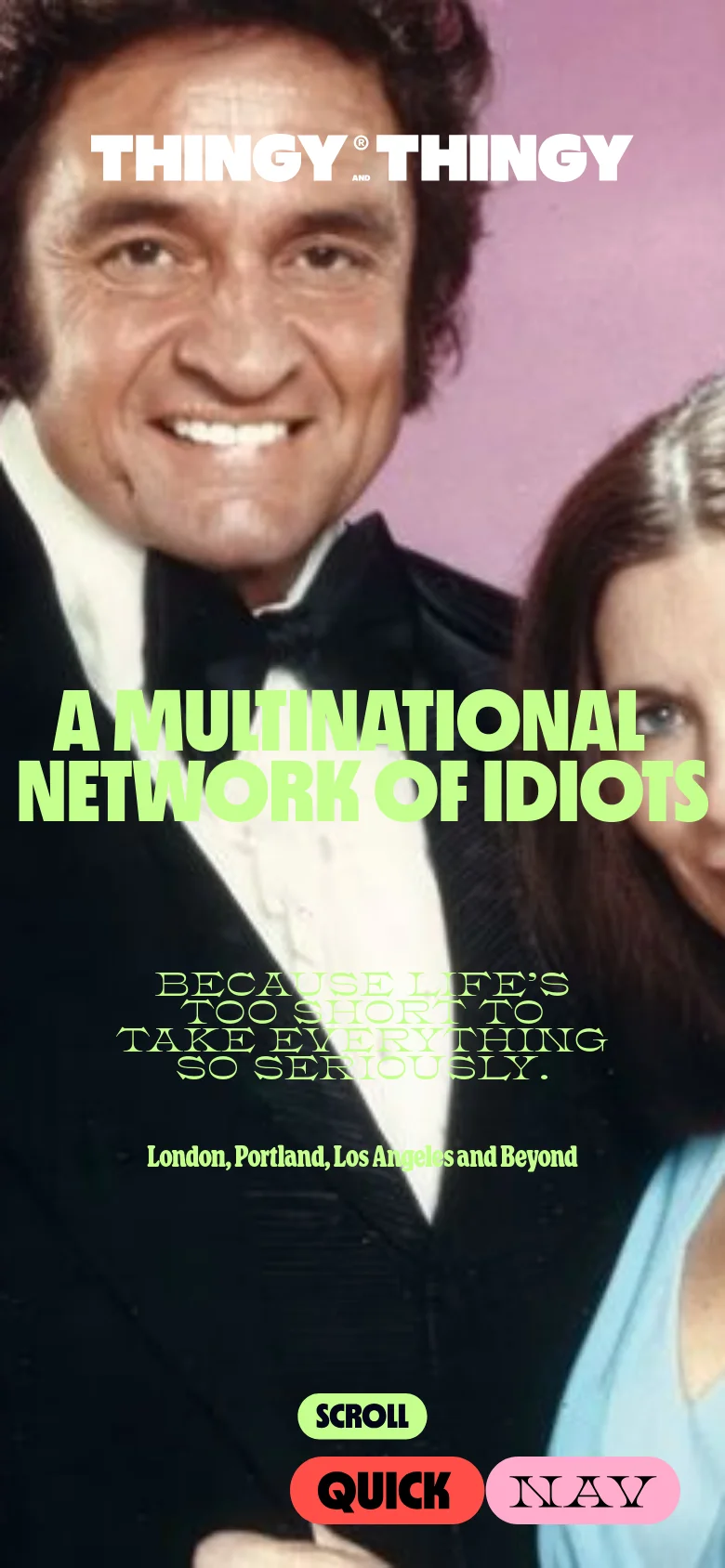 The mobile version presents a vertically stacked, zoomed-in view of the hero imagery, focusing on the faces of the man and woman. The lime green headline and white subtext are centered and scaled for a narrow screen, while the 'QUICK NAV' button is repositioned at the bottom center for easier thumb access.
