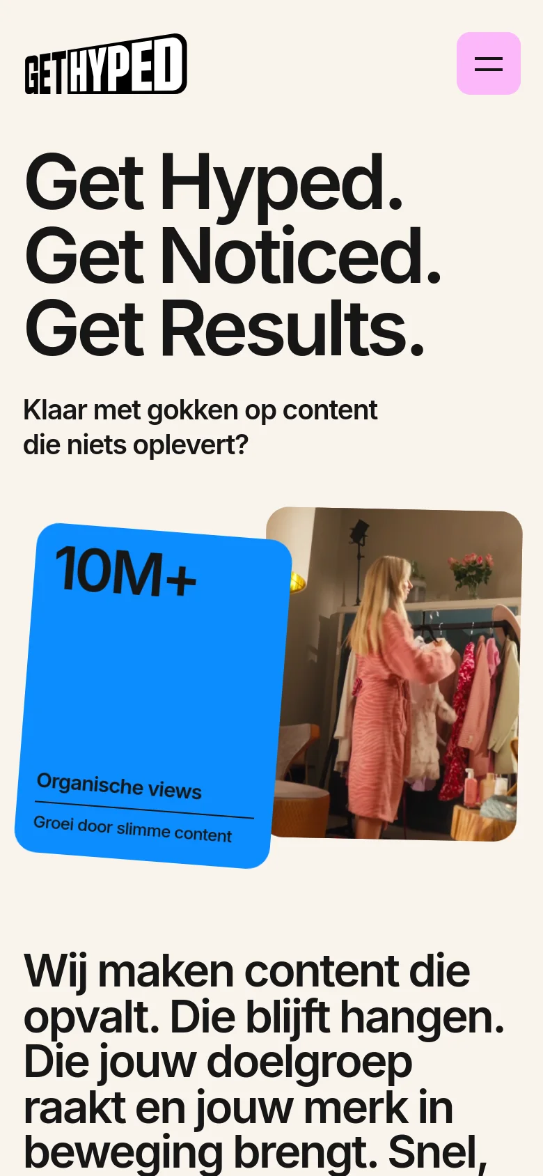 The mobile version maintains the bold typography and high-contrast black-on-white aesthetic but uses a simplified layout. The navigation is condensed into a hamburger menu icon in the top right, and the large hero text and colorful statistical cards are stacked vertically to fit the narrow screen width.