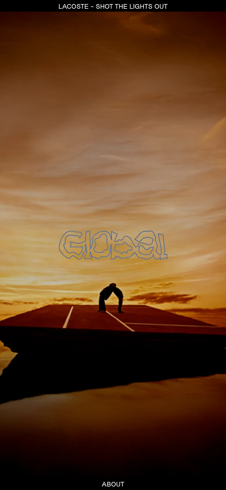 The mobile version presents a vertically stacked, single-column view of the hero imagery. The central focus is the 'Global' logo over a sunset landscape with a silhouetted figure, and the 'About' navigation link is positioned at the bottom of the screen.