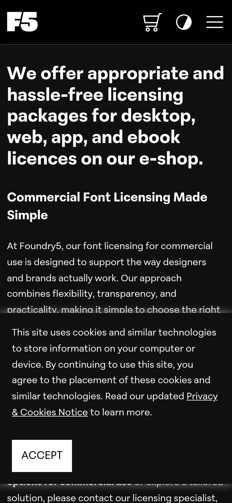 The mobile version presents a vertically stacked layout optimized for small screens, maintaining the dark background and white text. The large hero headline dominates the top of the viewport, and the navigation is condensed into a hamburger menu icon alongside the logo and cart icon.