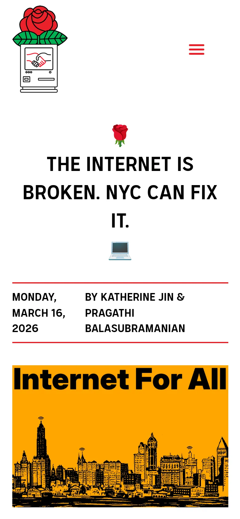 The mobile version maintains the white background and central headline but uses a simplified navigation menu represented by a red hamburger icon. The content stacks vertically, showing the large headline, the laptop icon, and the yellow 'Internet For All' banner prominently in a single column.