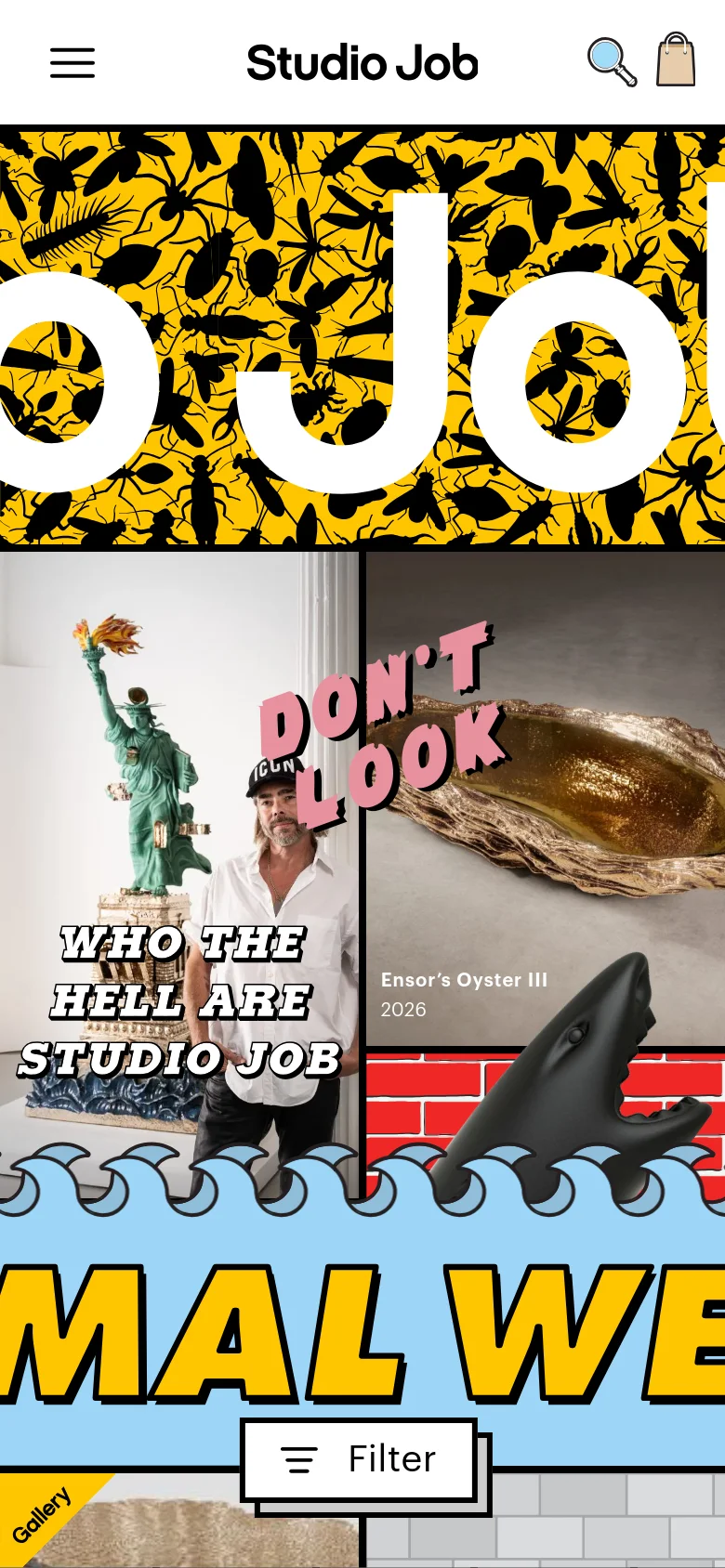 The mobile version maintains the high-contrast yellow and black insect pattern at the top but uses a condensed layout. The 'Studio Job' title is centered, and navigation is tucked into a hamburger menu icon on the left, with a search icon and shopping bag on the right. The large sculptural imagery and 'DON'T LOOK' text are stacked vertically to fit the narrower screen.