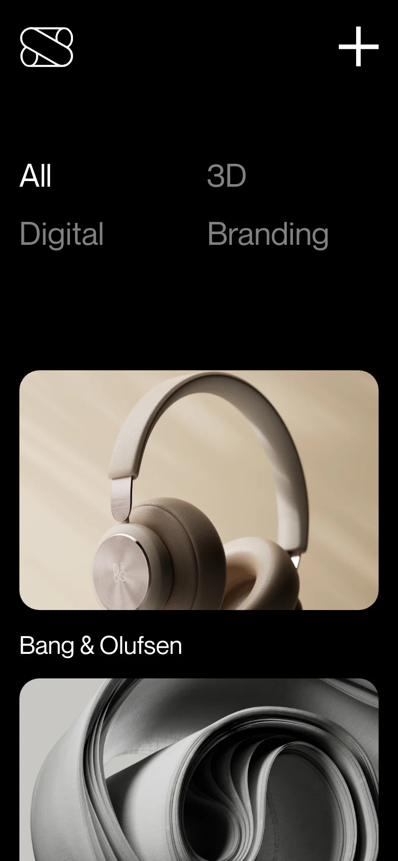 The mobile version presents a single-column vertical layout with the same dark theme and large typography. The project categories 'All', '3D', 'Digital', and 'Branding' are stacked, followed by large, full-width project images that scroll vertically. The header remains simplified with the logo and a plus icon at the top.